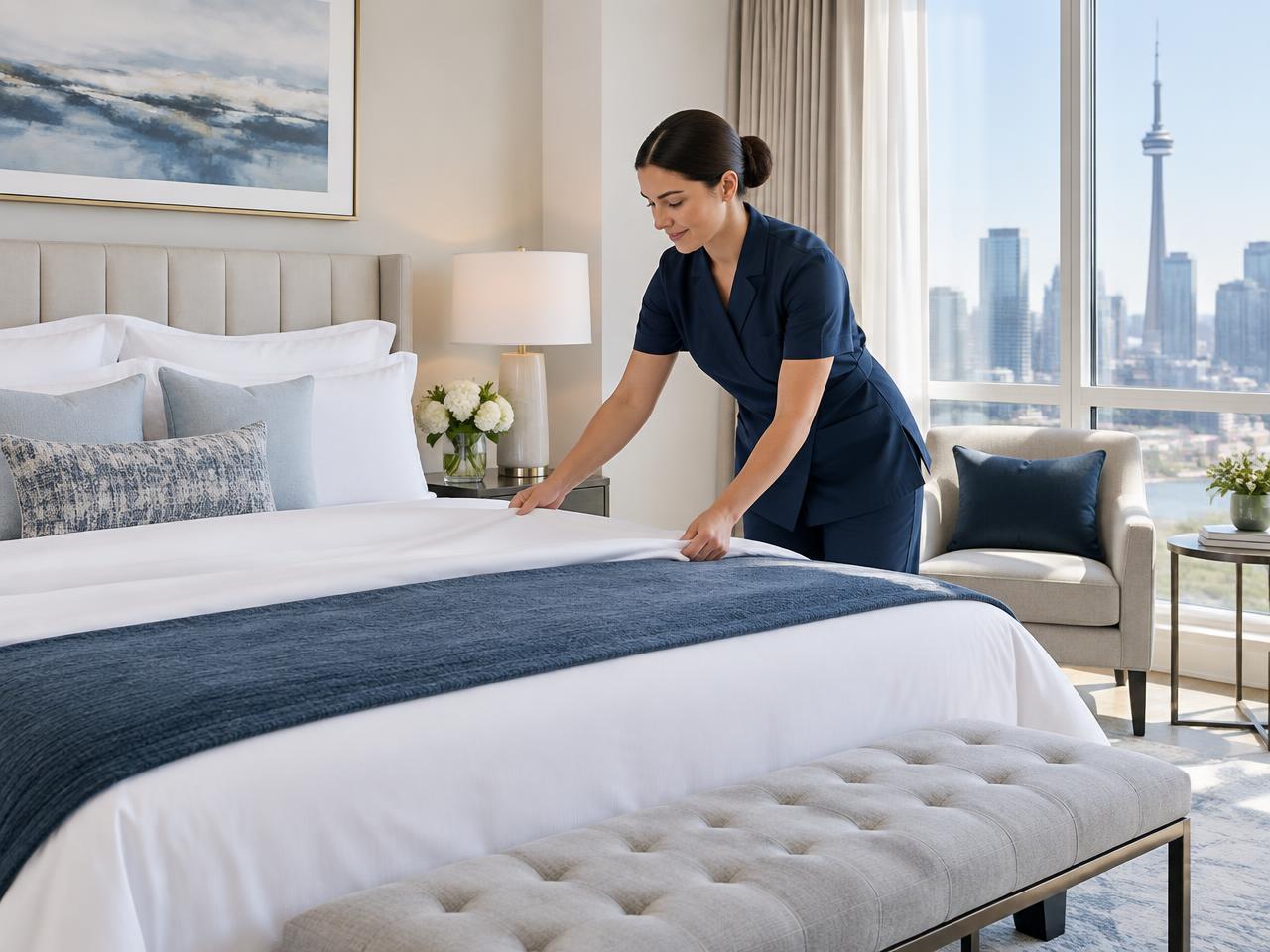 Professional cleaner preparing a luxury rental bedroom