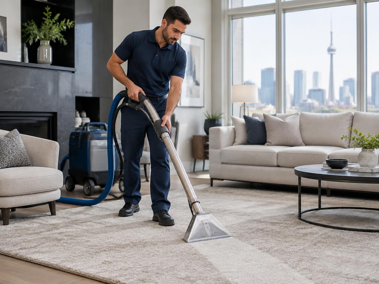 Professional carpet extraction in a modern living room