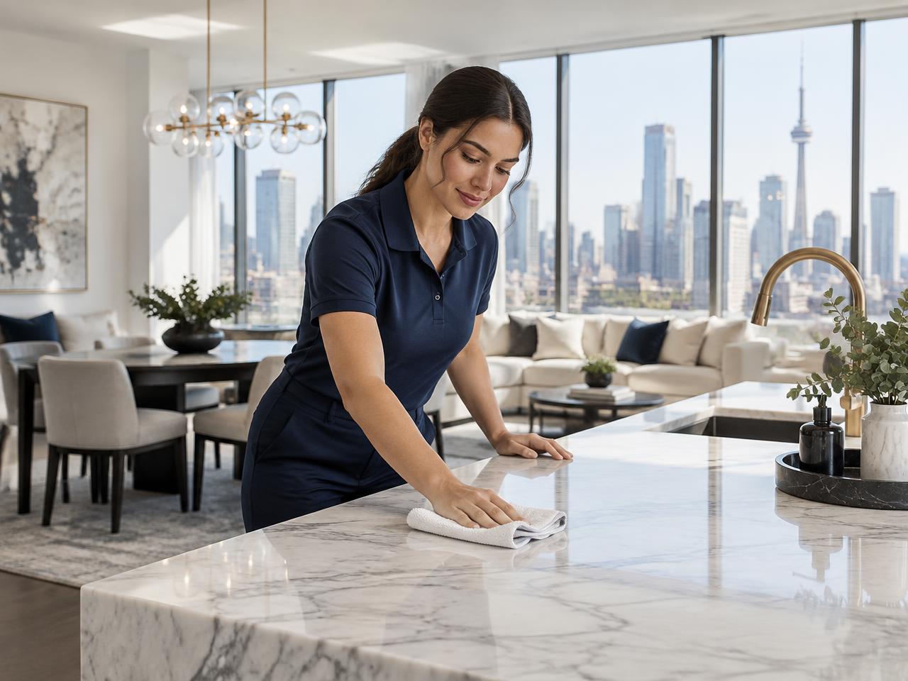 Professional cleaner detailing a marble kitchen island