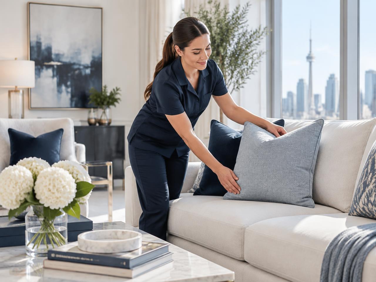 Professional SweepMood cleaner arranging a luxury Toronto living room