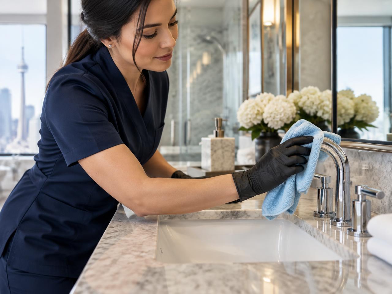 SweepMood professional carefully polishing a bathroom fixture